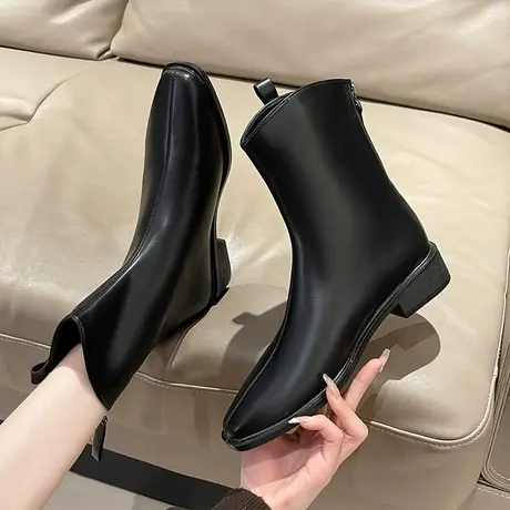 黑色短靴女2024冬季百搭新款加绒后拉链方头粗跟时装靴法式平底靴图片