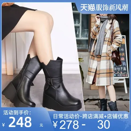 真皮中筒靴女2025冬季新款时尚高跟牛皮女靴休闲圆头软底女鞋皮鞋商品大图