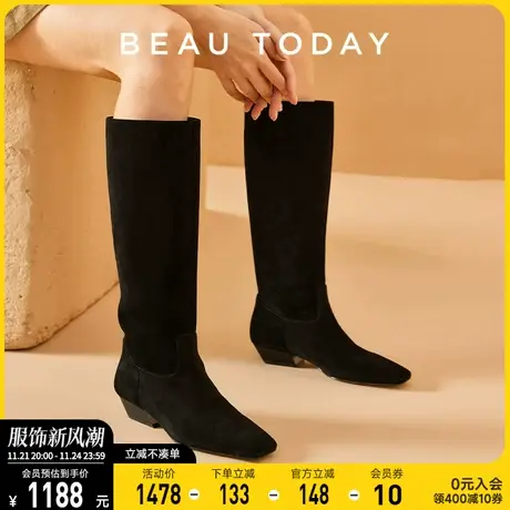 BeauToday复古骑士靴女春季黑色长筒靴女2024新款瘦瘦靴女弹力靴图片