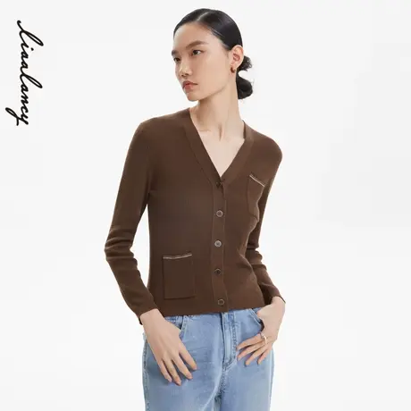 LANCY/羊毛针织开衫俪雅朗姿秋季新款V领修身女长袖针织外套奥莱商品大图