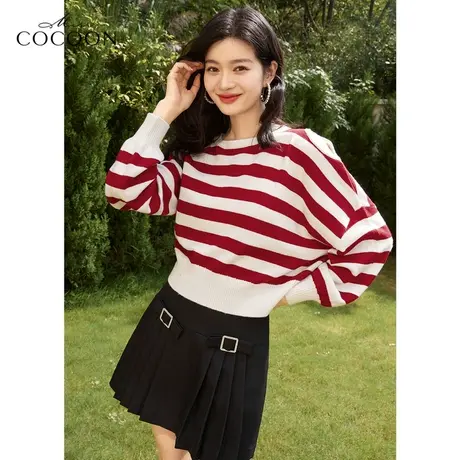 missCOCOON红色条纹毛针织衫女2023新款春宽松慵懒风露肩洋气上衣商品大图