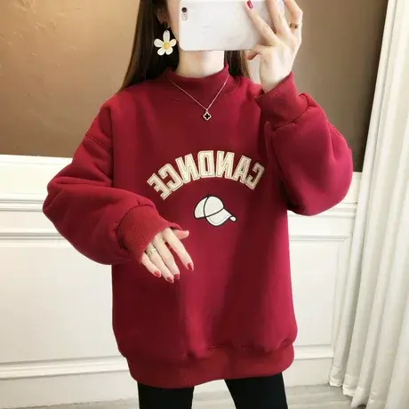 半高领卫衣女2024新款秋冬韩版宽松加绒加厚新年红色减龄上衣外套商品大图