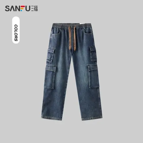 三福2023冬季男士加绒多口袋牛仔裤 宽松直筒工装长裤男479588商品大图