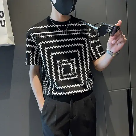 夏季男士修身t恤男装短袖半袖波浪条纹潮流潮牌个性原宿学生体恤商品大图