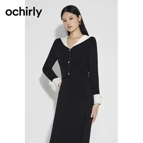 【品牌甄选】欧时力 学院风海军领针织开衫女新款秋冬撞色短上衣图片