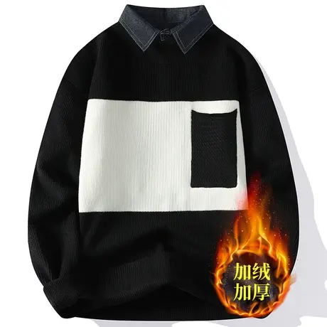假两件毛衣男冬季加绒加厚潮牌衬衫领针织衫男宽松打底衫线衣外套商品大图