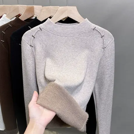 一体绒半高领毛衣女加绒厚打底衫2023秋冬新款针织衫内搭洋气上衣商品大图