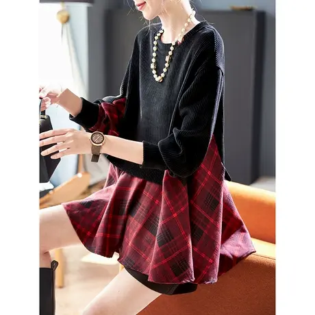 宝诗黎圆领格子拼接假两件卫衣女设计感宽松套头上衣2024春季新款商品大图