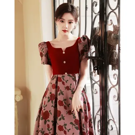 敬酒服新娘2024新款高级感法式红色礼服女夏季订婚连衣裙玫瑰骑士商品大图