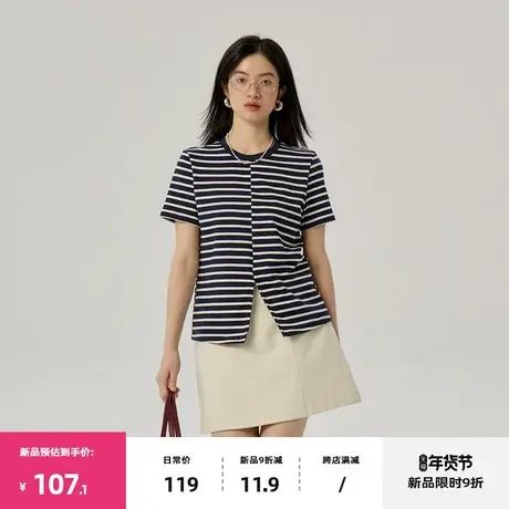 omont蛋挞家 复古纯棉条纹短袖春季新款修身圆领休闲T恤女商品大图