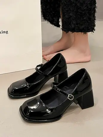 欧洲站玛丽珍鞋2024年新款法式小皮鞋方头粗跟单鞋黑色高跟鞋女图片