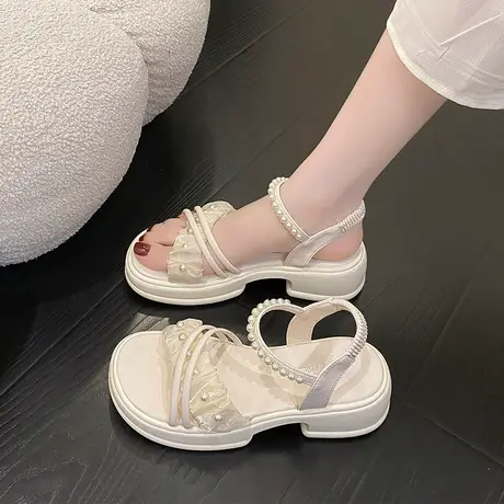 时装凉鞋女仙女风配裙子中跟女鞋2024夏季新款不臭脚罗马凉鞋百搭商品大图