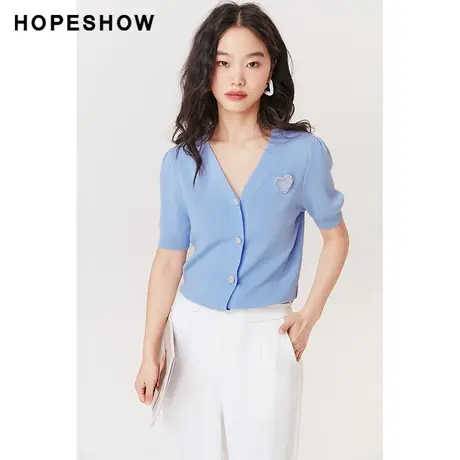 红袖泡泡袖V领针织衫短袖hopeshow2023夏新款单排扣通勤开衫上衣图片