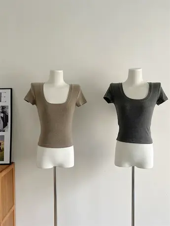 软糯亲肤短袖T恤女羊毛混纺大U领修身打底衫时髦百搭显瘦上衣女夏商品大图