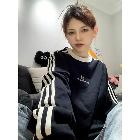 美式复古三条杠设计感卫衣女春秋薄款宽松慵懒风潮牌上衣vintage图片