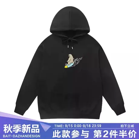 港风chic趣味冲浪小熊印花连帽卫衣男秋季黑色长袖休闲百搭情侣装商品大图