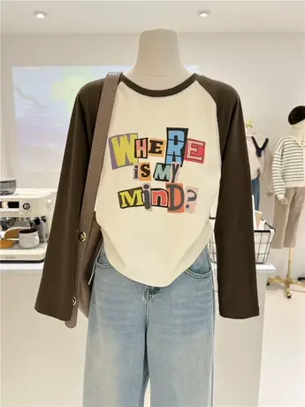 加厚磨毛德绒韩系卡通小熊宽松拼接撞色插肩长袖打底衫T恤女内搭商品大图