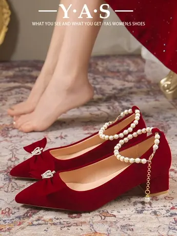 结婚鞋女高跟秀禾服婚纱两穿2024年新款小众红色新娘鞋孕妇不累脚商品大图