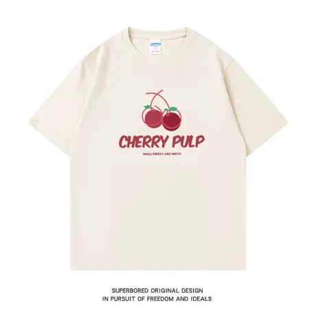 夏季ins港风潮牌趣味卡通水果樱桃纯棉短袖t恤男宽松半袖体恤衫商品大图