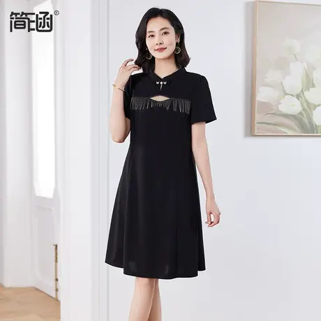 简涵大码女装高端气质黑色连衣裙夏季2024新款遮肚显瘦国风A字裙商品大图
