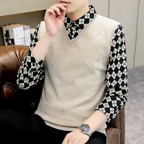 长袖衬衫领毛衣男士韩版带领假两件上衣秋冬季潮流格子打底针织衫商品大图