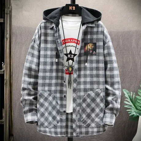 格子外套男春秋款休闲帅气连帽夹克男生秋季设计感假两件工装褂子商品大图