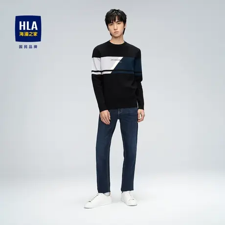 HLA/海澜之家2023经典圆领长袖针织衫商务休闲撞色拼接套头衫男图片