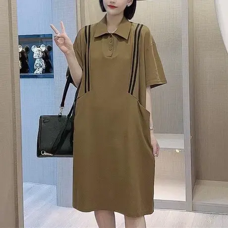 大码女夏装胖mm韩版宽松小众中长款短袖polo领遮肚连衣裙子200斤商品大图