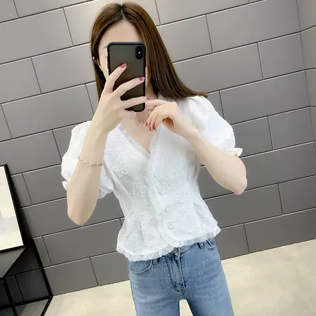 蕾丝上衣女小衫短款泡泡袖短袖新款收腰洋气法式夏2023新款时尚图片