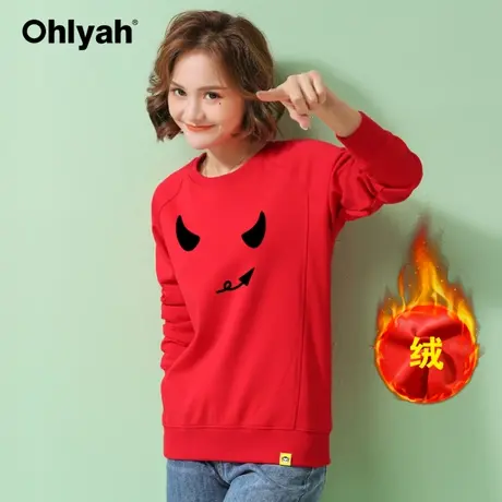 Ohlyah品牌 牛年跨年ins潮牌加绒加厚卫衣女情侣装红色圆领新年装商品大图