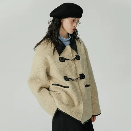 omont蛋挞家 皮领拼接羊羔毛外套女冬季2023新款复古宽松厚外套图片