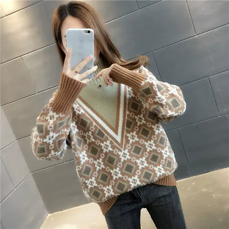 高领拼色毛衣女套头加厚2023秋冬新款韩版格子针织打底潮时尚宽松图片