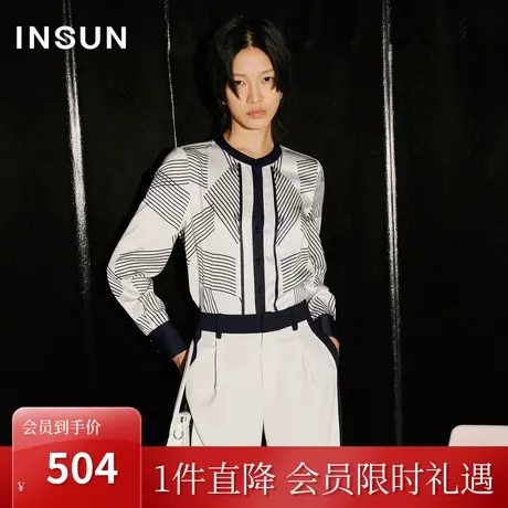 恩裳COVER2023秋季新款缎面定位线条感迷宫印花撞色门襟设计衬衫图片