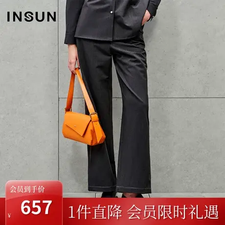 恩裳2023秋装新款舒适精纺羊毛可水洗不易皱弹力宽松阔腿微喇裤商品大图