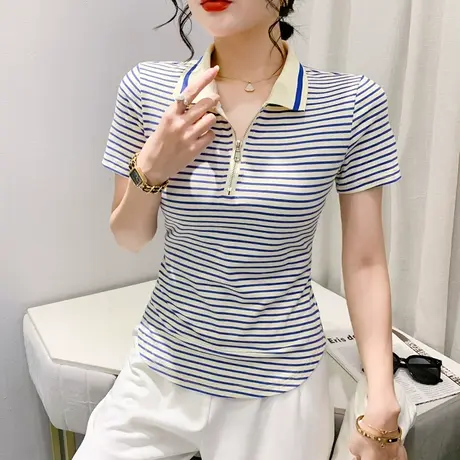 欧货拼色条纹T恤女短袖夏季设计感拉链POLO领上衣气质显瘦小衫ins商品大图