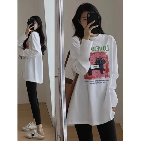 撞色上衣宽松女士打底衫纯棉2023秋冬新款插肩印花长袖t恤女爆款图片