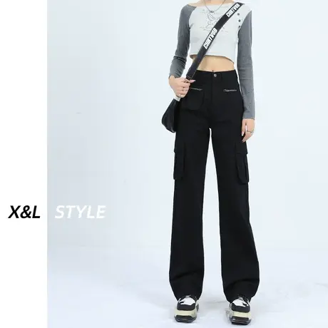 美式高街工装裤女秋季2023新款宽松阔腿设计感多口袋休闲牛仔裤子图片