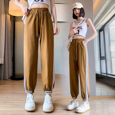 冰丝运动速干裤女夏季薄款九分哈伦裤2023年新款松紧高腰抽绳卫裤商品大图