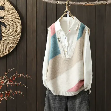 枫谜秋季新款百搭宽松外穿无袖毛衣拼色V领套头针织马夹图片