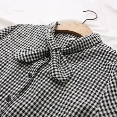 春秋新款韩版小清新黑白格子衬衫女学生百搭文艺长袖蝴蝶结棉衬衣图片