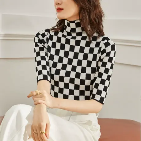 中袖半高领打底毛衣女2023春秋冬新款洋气内搭棋盘格针织衫上衣潮商品大图