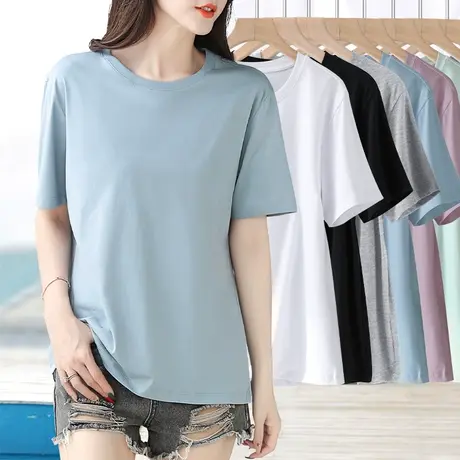 浅蓝色短袖女夏宽松休闲简约百搭t恤纯棉大码减龄遮肚肉显瘦上衣商品大图
