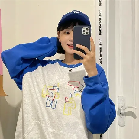 红续拼接撞色插肩袖卫衣女2023春装新款小个子学院风可爱百搭上衣商品大图