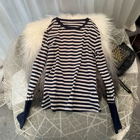 条纹透气打底衫女2023春季新款内搭外穿修身上衣拼色袖显瘦长袖T图片