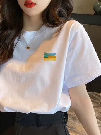 白色仿棉短袖t恤女2023早春新款欧货小众设计感宽松大码女装上衣图片