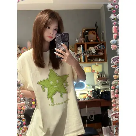 纯棉oversize设计感星星短袖t恤女夏季宽松港味复古chic半袖上衣商品大图