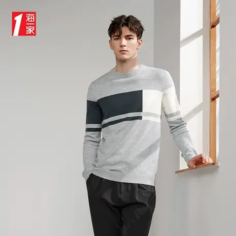 海一家时尚撞色毛衣2023秋季新款圆领日常休闲长袖针织衫男图片