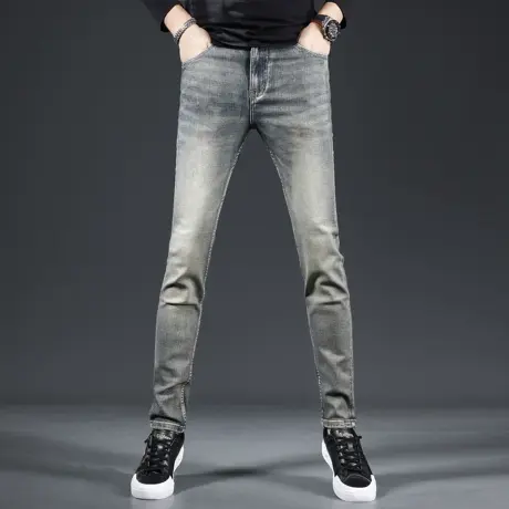 高端复古牛仔裤男春秋款修身小脚裤秋季2023新款水洗潮流男士长裤图片