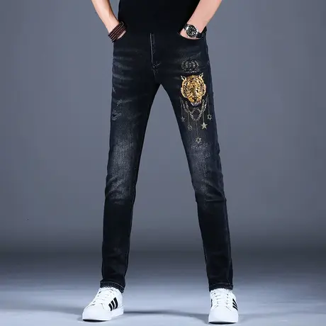 2023新款秋款男士灰色牛仔裤男老虎刺绣烫钻印花修身小脚弹力潮牌商品大图