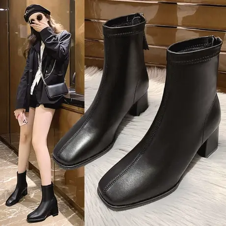 靴子女2023年新款秋冬爆款粗跟短靴黑色瘦瘦靴时尚马丁靴高跟女靴图片
